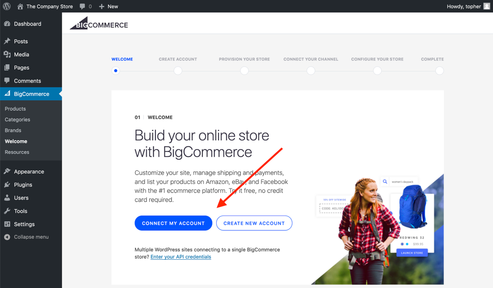 The BigCommerce onboarding wizard starts automatically