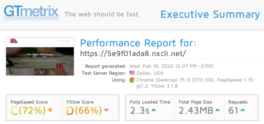 GTmetrix performance report for WooCommerce on Hostdedi