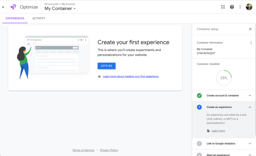 Google Optimize Create First Experience