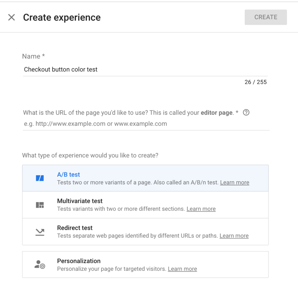Google Optimize Create Experience - Step 1