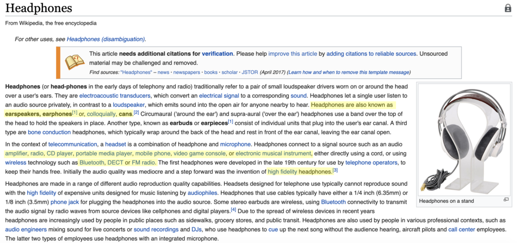 Wikipedia search for headphones