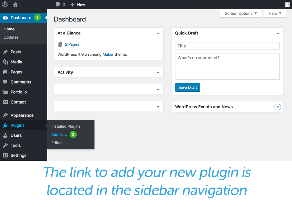 new plugin link in sidebar navigation WordPress