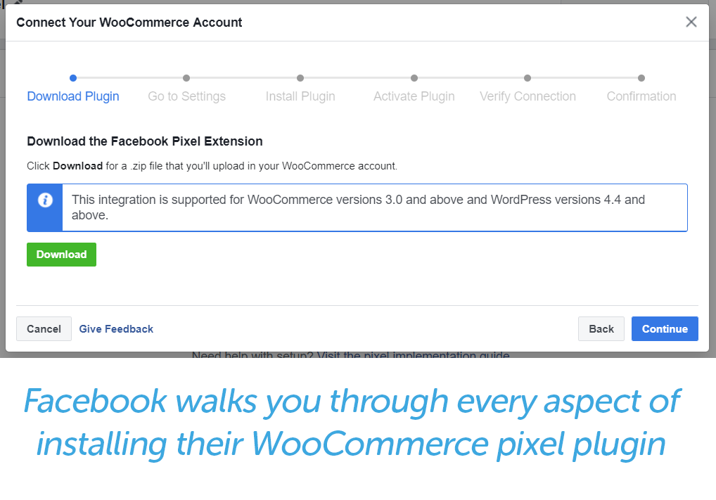 facebook prompts for connecting your woocommerce account to the Facebook pixel extension