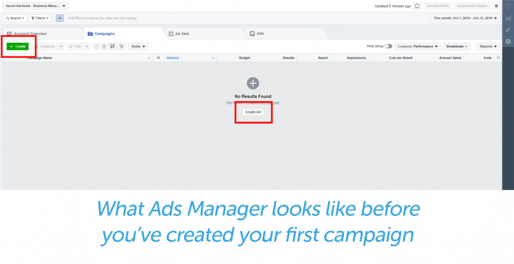 Ads manager before first campaign