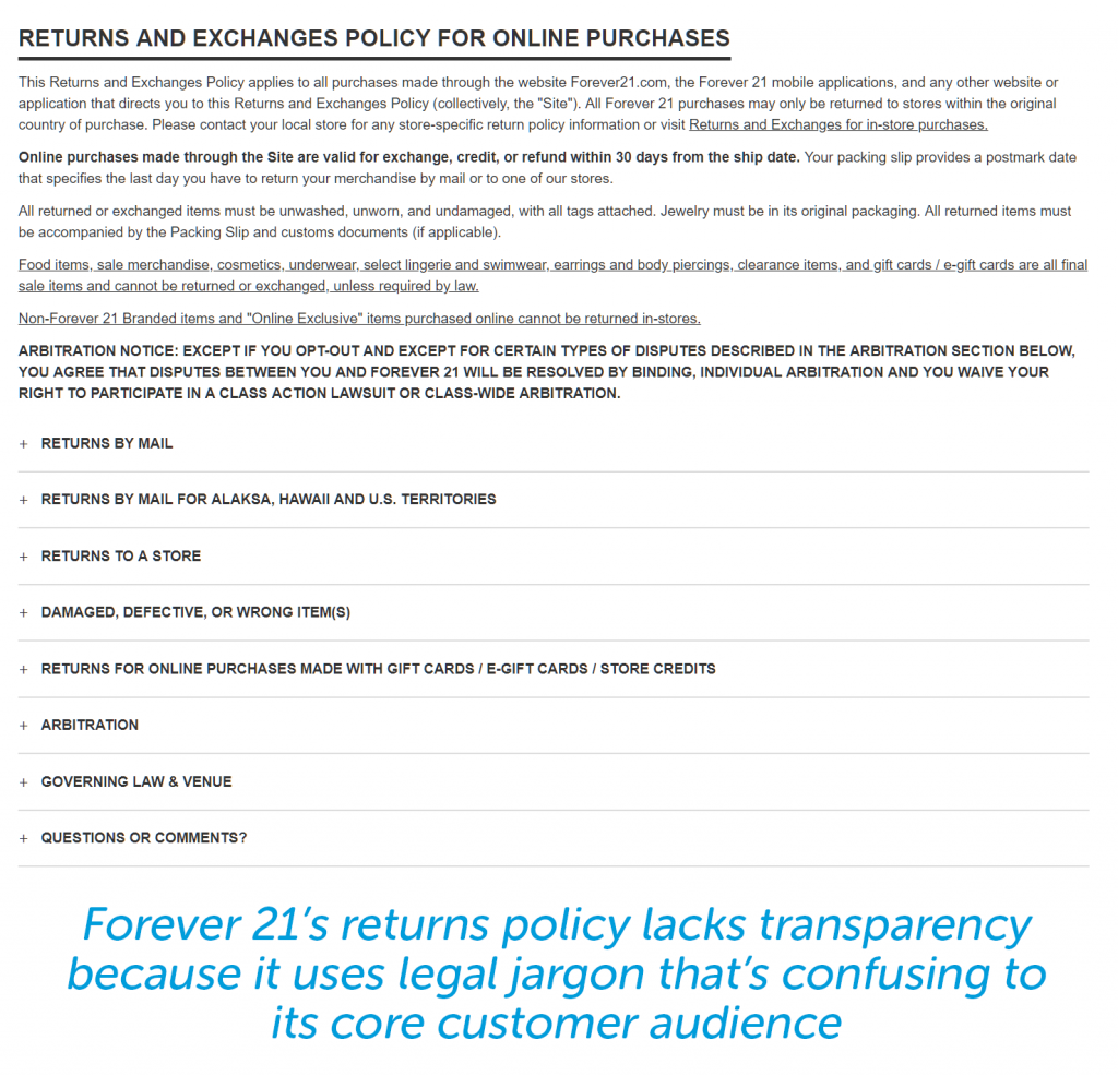 Forever 21 return policy is cold and language not meant for audience