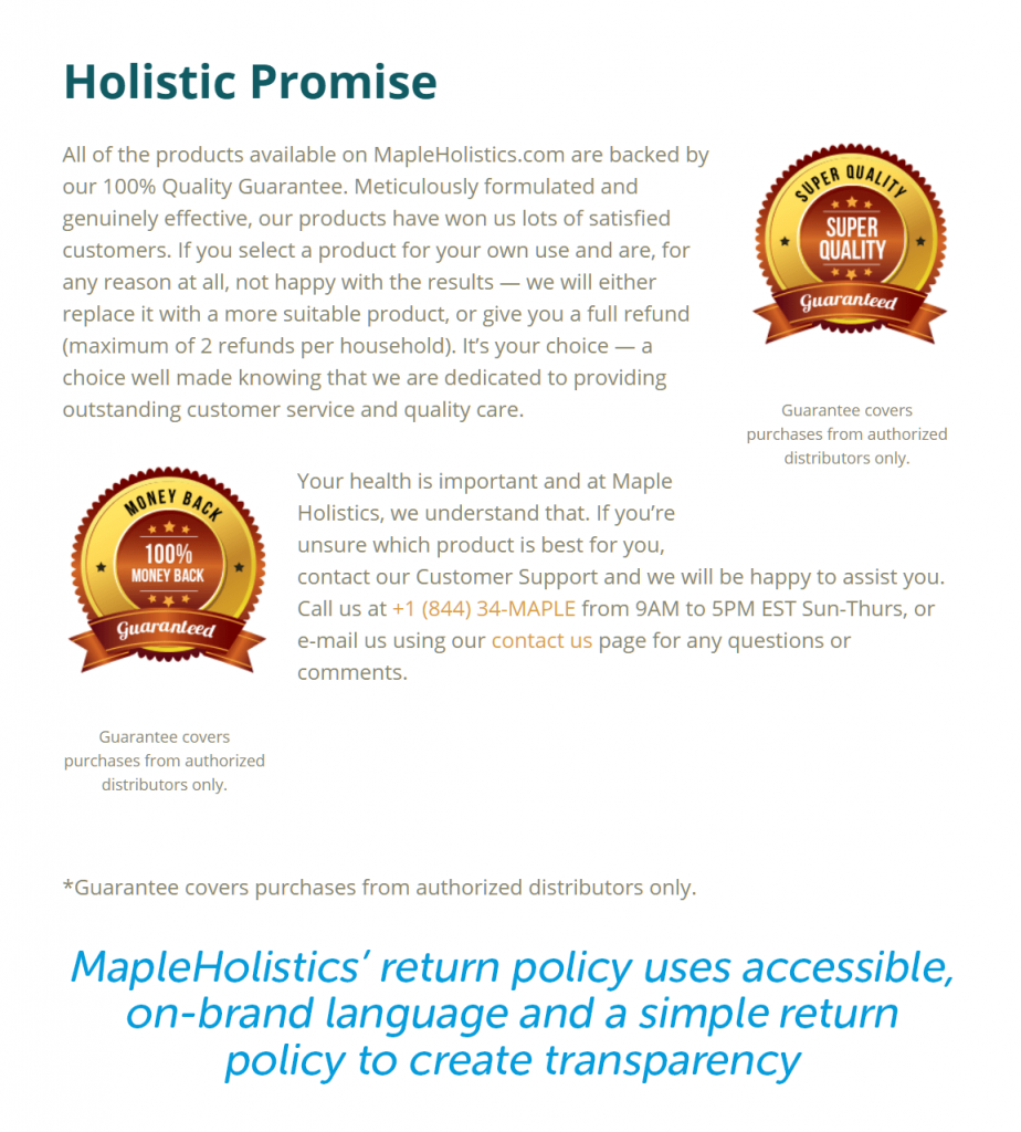 mapleholistic return policy uses on brand language and is accessible and simple