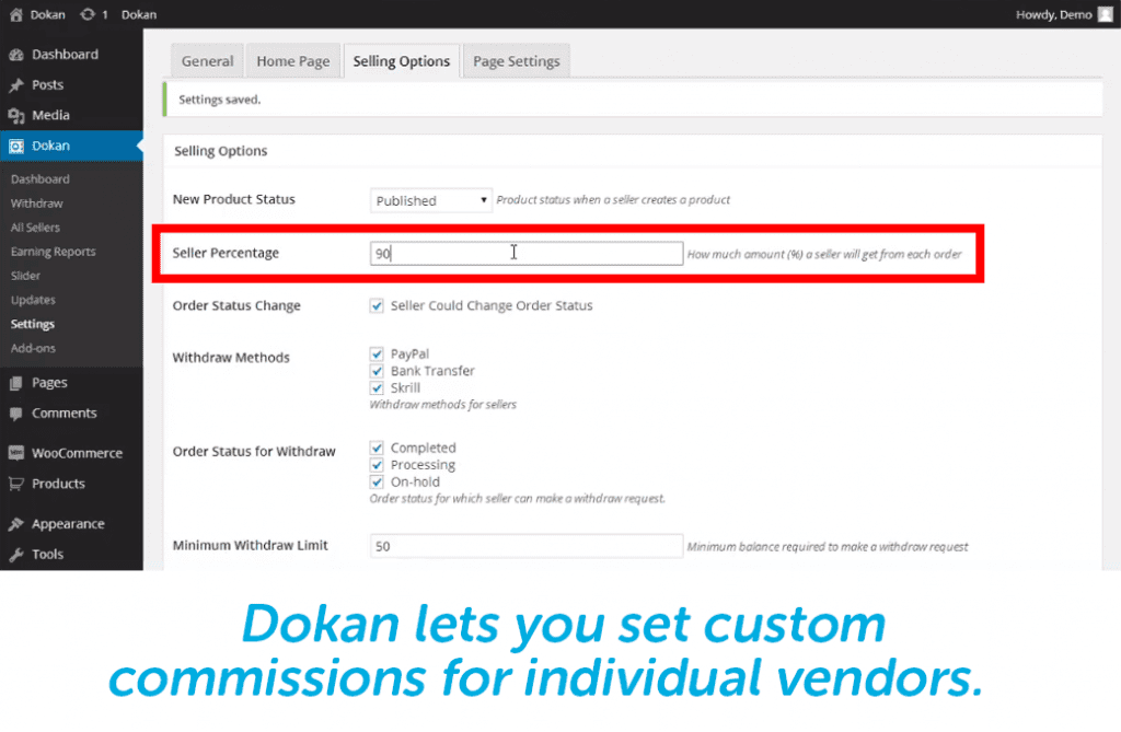 store owners can set individual vendor commissions with dokan