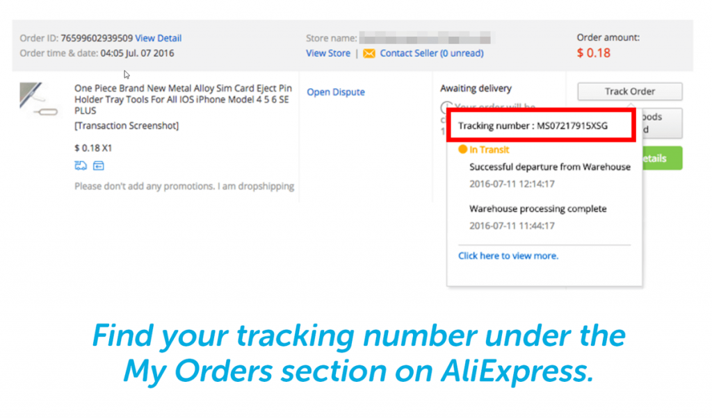 aliexpress shipping tracking number is under my orders section