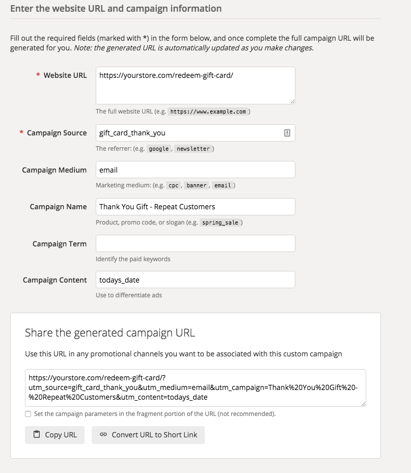 This is a screenshot of the Google tool used to create a campaign URL.