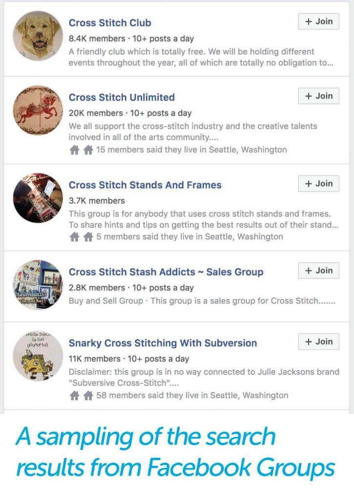 Sampling of the search on Facebook groups
