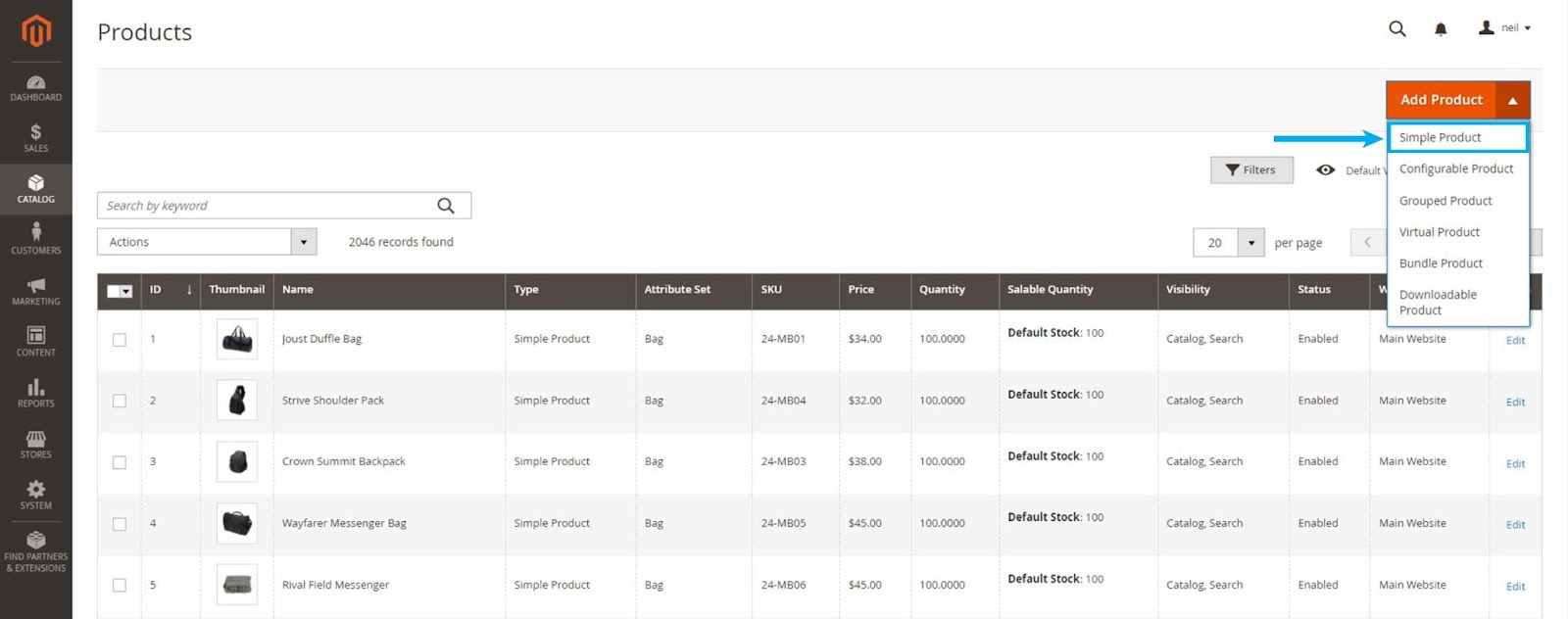 selecting the simple product type in the Magento admin panel