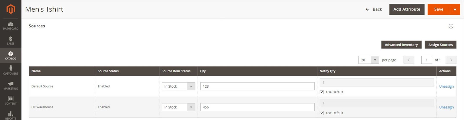 assigning inventory sources to a simple product in Magento